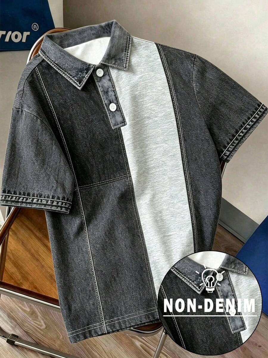 Manfinity Hypemode Men's Denim Effect Print Patchwork Polo Shirt, Suitable For Casual Daily Wear - Multicolor - View 1