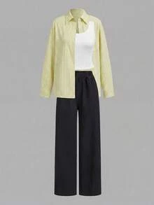SHEIN LUNE 女款白色與黃色、白色與黑色襯衫、長褲與背心三件套；休閒秋冬/專業夏季早午餐 - 黃色 - 查看 15