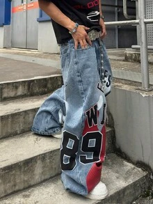 STEELVANCE 男士 Y2K 復古水洗寬鬆寬腿牛仔褲，字母與數字圖案印花嘻哈街頭風丹寧長褲（不含腰帶與配件） - 淺色水洗藍 - 查看 6