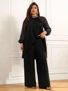 Femmeverse Women's Plus Size Ruched Halter Neck Sequin Patchwork Raglan Long Sleeve 2-Piece Set High Waist Loose Wide Leg Pants Outfit Fall - Black - View 5