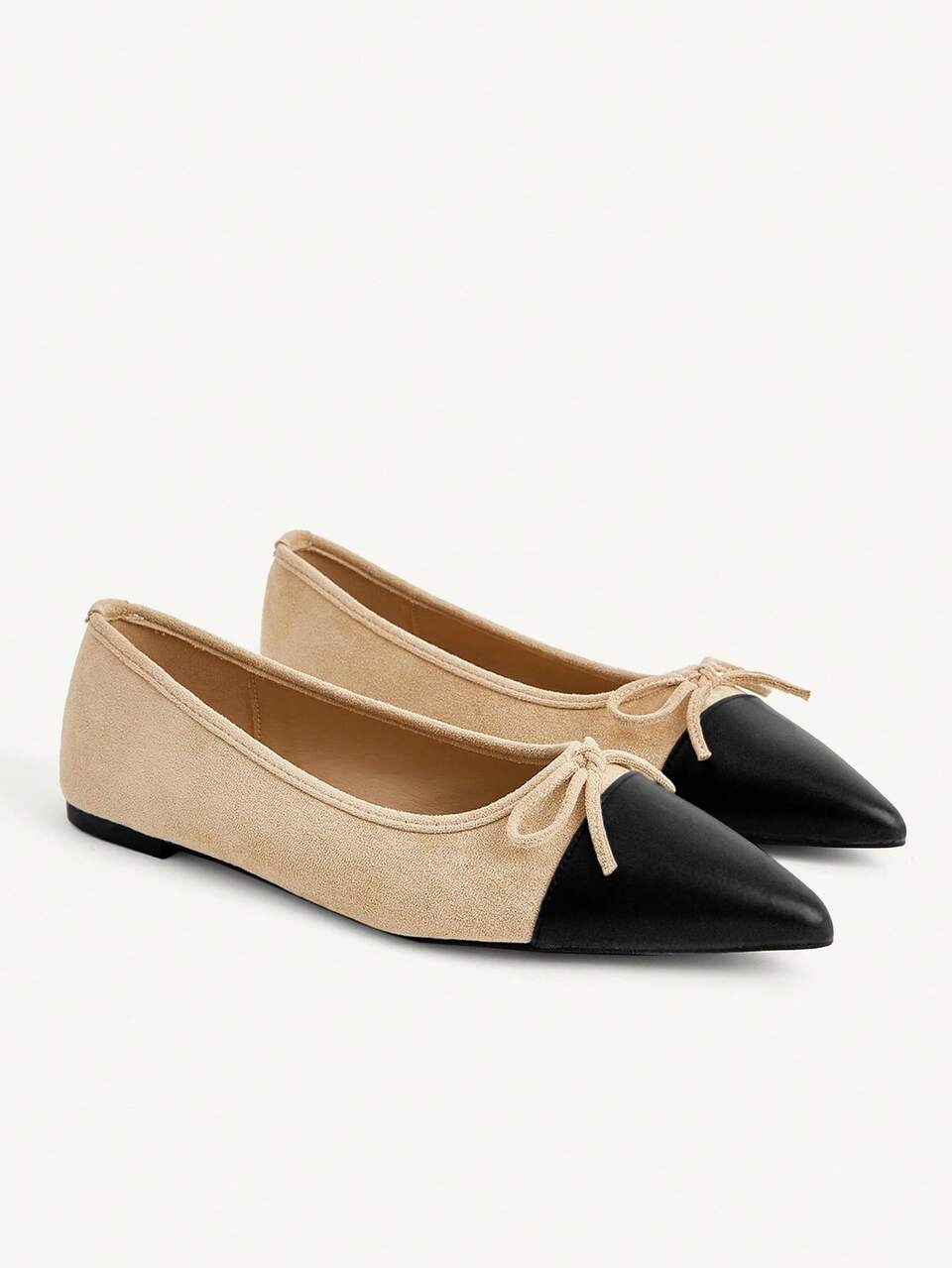 CUCCOO CHICEST Women's Shoes Pointed Bow Flat Shoes Mary Jane Low Vamp Apricot Suede Black PU Leather Commuter Soft-Soled Shoes Versatile Office Party