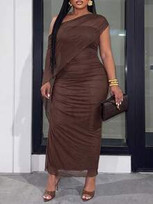 Slaydiva Autumn/Winter New Elegant & Glamorous Solid Brown Ruched Fitted Shawl-Style Ribbon Sheer Mesh Lined Dress For Women Plus Size - A, Suitable For Party, Date, Cocktail, Girls' Gathering, Wedding Season, Graduation Season, Birthday Party, Holiday Occasions - Brown - View 10