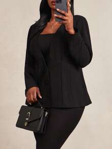 Radiana Plus Size Women's Summer Deep V-Neck Minimalist Casual Elegant Basic Fitted Elastic Fabric Blazer Suitable For Commuting Office Business Formal Black - Black - View 3