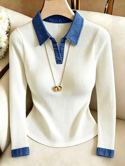 SHEIN Franclia Chemise polo élégante et décontractée rétro pour femme, blanche en tricot côtelé, col et poignets avec bordure bleue, col en V, coupe ajustée, manches longues, top de superposition pour le quotidien et les sorties