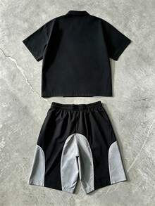 Manfinity Roghcode Men's Colorblock Short Sleeve Single-Breasted Shirt And Drawstring Waist Shorts Casual Set - Black - View 2