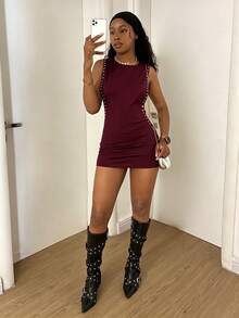 Fiercella Fiercella 女款珠飾裝飾側開衩性感無袖洋裝 酒紅色 夏季夜店派對風 - 酒紅色 - 查看 5