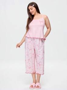 Bonmuse Women's New Summer Spaghetti Strap 3/4 Pants, Light Pink Bow Print Plus Size Loungewear - Baby Pink - View 3