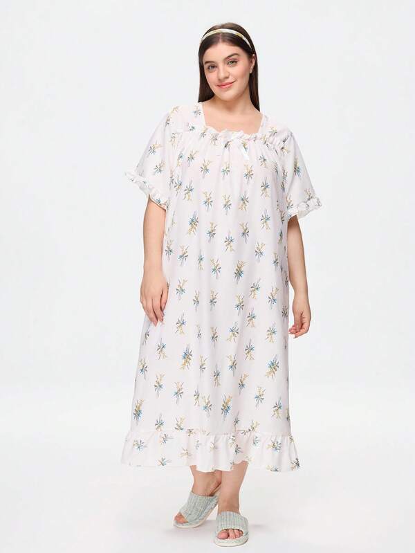 Bonmuse Plus Size Women's Sleepwear, Wheat Plant Print, Elegant & Cute, Bubble Chiffon Ruffle Collar Nightgown, Long Nightshirt, Robe, Loose Pajamas