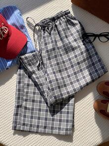 Comfortcana Women's Drawstring Waist Plaid Casual Versatile Daily Travel Long Pants - Navy Blue - View 3