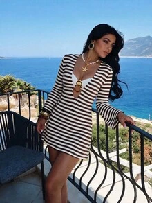 SHEIN Swim 女款性感海濱風情熱帶海灘度假優雅休閒波希米亞白色條紋環飾V領喇叭袖長袖洋裝罩衫夏季 - 棕色 - 查看 2