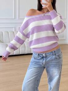 SHEIN Teen Girls Casual Striped Knit Sweater, Minimalist Fashion, Suitable For Daily Wear, Autumn, Winter - Purple - View 4