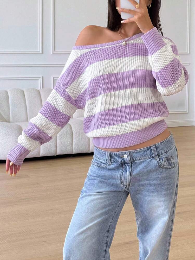 SHEIN Teen Girls Casual Striped Knit Sweater, Minimalist Fashion, Suitable For Daily Wear, Autumn, Winter - Purple - View 4