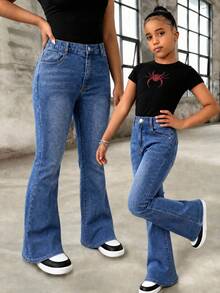 SHEIN TWEEN GIRLS 青少年女孩牛仔褲，復古水洗色，街頭時尚，水洗磨損效果，喇叭褲腿款，百搭時尚新品，彈性舒適優質棉牛仔面料，喇叭褲腿款，日常百搭搭配T恤、衛衣，適合日常出行、上學、通勤、聚會，夏季牛仔街頭風首選，夏季新品 - 中等水洗藍 - 查看 2