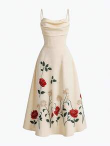 GlowEve Women's New Vacation Spaghetti Strap Printed Dress, Spring/Summer - Apricot - View 1