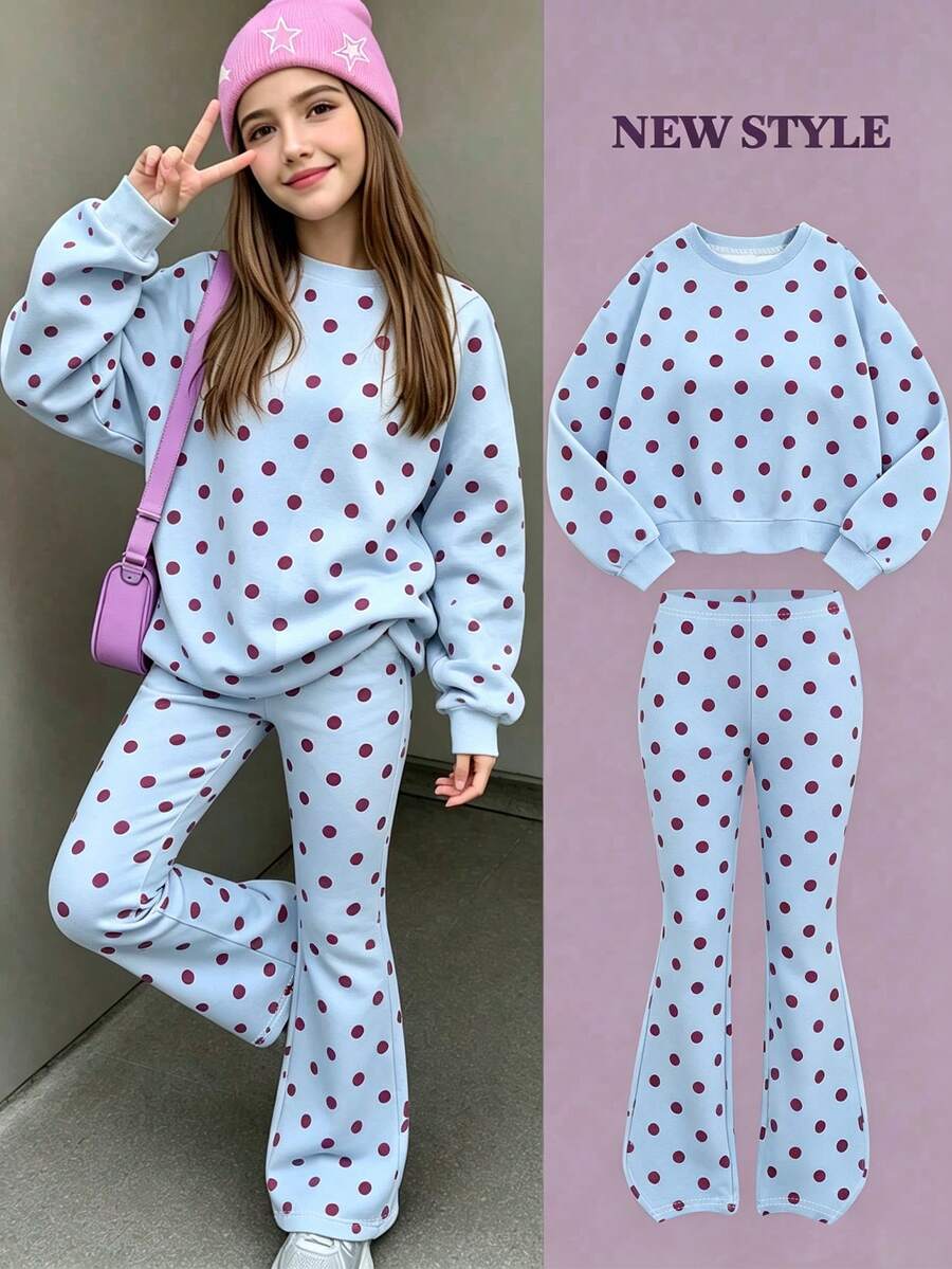 Tween Girls Casual Minimalist Polka Dot Print Crew Neck Sweatshirt & Flare Pants Set, Red Polka Dot Contrast Digital Print Pattern, Autumn/Winter Design, Versatile, Casual Comfortable Soft Crew Neck Sweatshirt & Flare Pants 2-Piece Set, Suitable For Autumn/Winter
