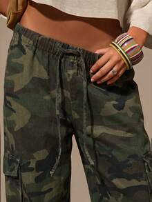 Athîral Denim Vintage Camouflage Cargo Pants, Summer Loose Wide Leg Capri Pants - Army Green - View 2