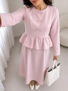Solavon Women's Bow Decor Ruffle Hem Top And Long Skirt Arabic Costume Set - Baby Pink - View 3