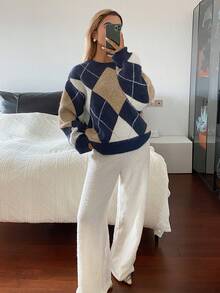 DAZY 女款秋冬圓領格紋套頭休閒毛衣 - 寶藍色 - 查看 8
