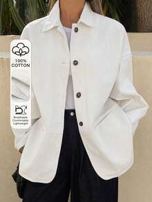 DAZY Women's Lapel Loose Long Sleeve Open Front Denim Jacket, Casual City Style Washed Relaxed Denim Jacket - White - View 1