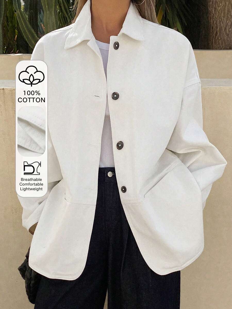 DAZY Women's Lapel Loose Long Sleeve Open Front Denim Jacket, Casual City Style Washed Relaxed Denim Jacket - White - View 1