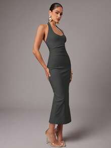 Silquee Women's Spring/Summer Solid Dark Grey Halter Neck Backless Dress Night Out Date Night Sexy - Grey - View 6