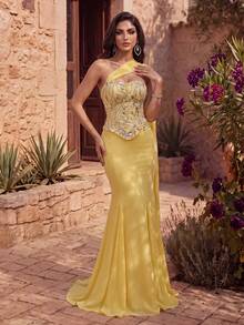 Coutiva Women's Elegant Party Sequin Patchwork Mermaid Tail Evening Dress - Yellow - View 7