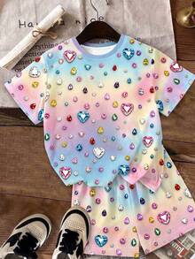 Conjunto de dos piezas para niña joven, estilo casual minimalista, lindo y dulce, con lunares, textura brillante y estampado de corazón, azul cobalto pop, manga corta y shorts, adecuado para verano, cómodo, estilo primavera y verano, gráfico, kawaii - Multicolor - Ver 3