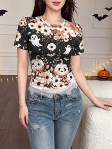 Modelyn 女款甜美卡通幽靈南瓜花卉印花時尚圓領短袖修身T恤，收腰蕾絲下擺萬聖節個性上衣 - 彩色 - 查看 6