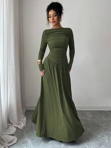 Elenzga Women's Milk Silk Double Brushed Knit Elastic Square Neck Ruched Front Waist-Down Asymmetrical Hem A-Line Loose Hem Long Sleeve Long Dress, Maillard Style, Fitted, Can Be Layered, Exquisite Elegant French Romantic Girl Office Commute Street Style Street Photography Australian Minimalist Versatile Old Money Style Women's Style Thanksgiving Back To School Afternoon Tea Party Spring Autumn Winter - Army Green - View 4