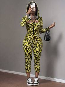 Glyssa Women's Sexy Streetwear Y2k Street Leopard Print Fitted Long Sleeve Zipper Top Knitted 3/4 Length Pants 2 Pieces Set Night Out Neon Yellow Autumn - Yellow - View 6
