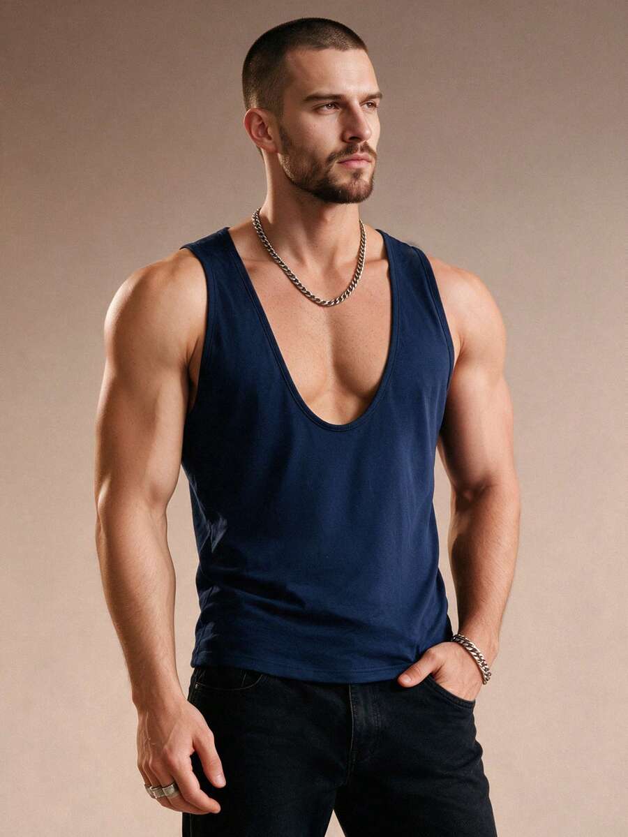 ZURIURI Men's Solid Color Casual Versatile Daily Wear Top - Navy Blue - View 1