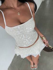 SHEIN Glamour White Sequin Mesh Cami Top + Ruffle Mini Skirt 2-Piece Set,Summer Women's Ruched Bodycon Outfit For - Beige - View 8