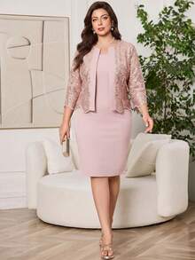 Reflora Plus Size Women's Jacquard 3/4 Sleeve Jacket And Dress Elegant 2 Pieces Set - Dusty Pink - View 6