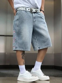 Manfinity EMRG 男士街頭風休閒刺繡藍色牛仔短褲 - 淺色水洗藍 - 查看 8