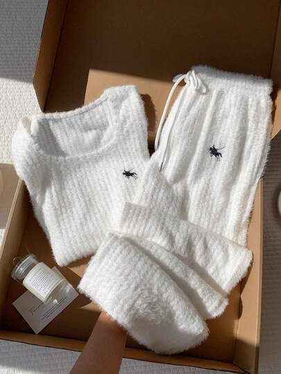 Comfortcana Conjunto de 2 piezas de top de manga larga con cuello cuadrado bordado y pantalones para mujer