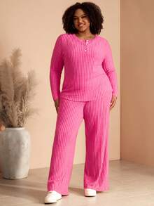 BrightlyHer Plus Size Women's Autumn/Winter Casual Solid Color T-Shirt Top And Wide Leg Pants 2-Piece Set With Pockets - Pink - View 5
