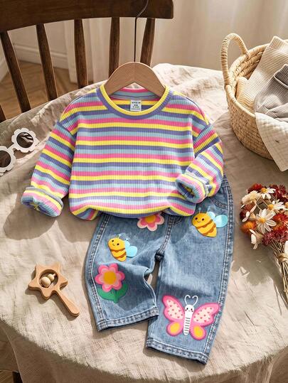 SHEIN Baby Girl Casual Cute Knitted Striped Cartoon Pattern Sweatshirt & Elastic Waist Long Pants Set