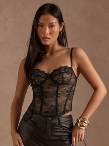 SHEIN BAE 女士花卉蕾丝性感吊带背心 - 黑色 - 查看 4