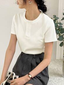 DAZY Camiseta de punto acanalado con botones delanteros, ropa fina de verano - Blanco - Ver 2