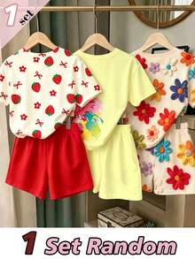 Elladie kids (Random Pattern, 1 Set Random) Girls' Fresh Cute Daily Strawberry Bow Colorful Floral Pattern Basic Short T-Shirt And Shorts - Multicolor - View 2
