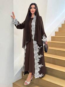 Al Najma 女款優雅日常蕾絲拼接寬鬆修身刺繡穆斯林時尚拼接長袍 - 棕色 - 查看 8