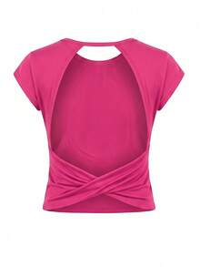 SHEIN Tween Girls' Casual Sports Round Neck Backless Short Sleeve T-Shirt, Summer - Hot Pink - View 1