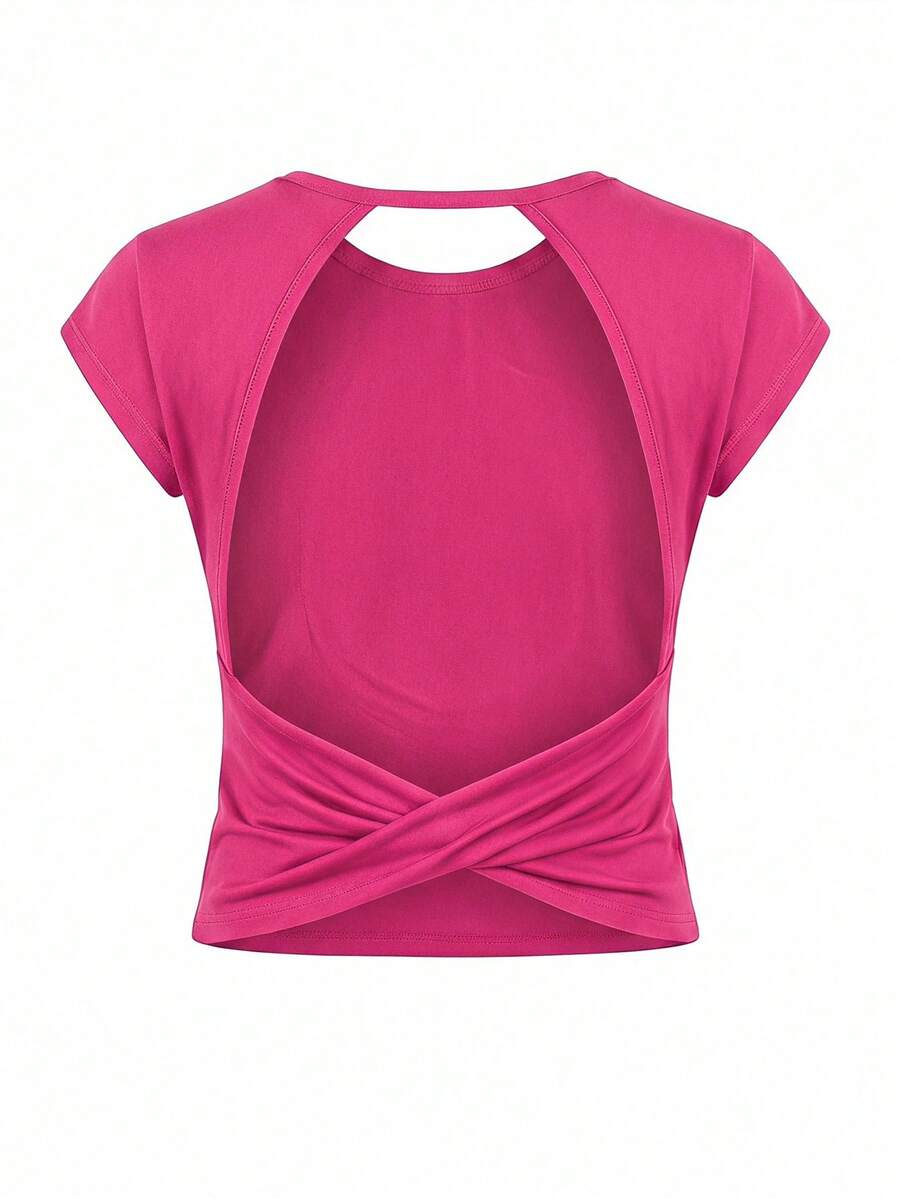 SHEIN Tween Girls' Casual Sports Round Neck Backless Short Sleeve T-Shirt, Summer - Hot Pink - View 1