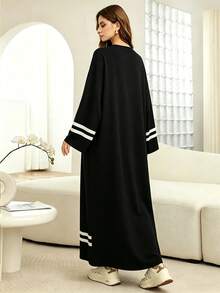 Mulvari Women's Black & White Color Block Casual Loose Fit Pullover Long Sweatshirt Dress - Black - View 2