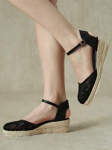 Styleloop Women's Hemp Rope Straw Weave Wedge Heel Black Lace Mesh Women's Wedge Heel Shoes Sandals Hemp Rope Shoes Bohemian Style Vacation Beach Seaside - Black 6 - View 2