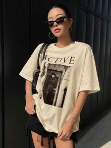DAZY Letter Graphic Drop Shoulder Tee Oversized T-Shirt - Beige - View 4