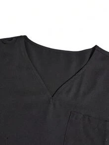 TaskEZ 2件組女款刷手服套裝－純色V領上衣與開衩褲，刷手服套裝 - 黑色 - 查看 17