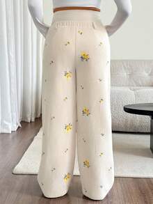 SHEIN Maternity Adjustable Waist Floral Pattern Casual Everyday Long Pants,Autumn - Apricot - View 2