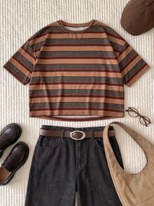 Comfortcana Yellow Solid Color Drop Shoulder Short Casual Plus Size T-Shirt - Brown - View 5
