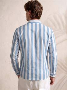 TONEVAULT Men's Casual Striped Long Sleeve Shirt - Blue and White - View 4